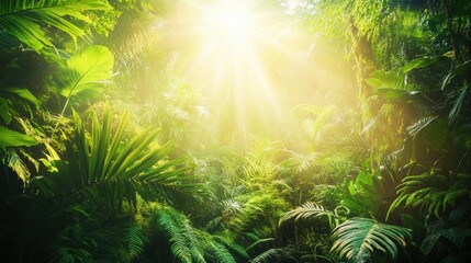 Aufkleber - Sunlight filters through dense foliage, casting a warm glow over vibrant plants and creating a serene atmosphere in the forest. Generative AI