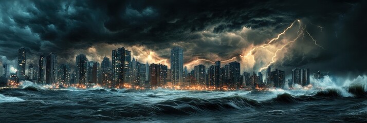 Poster - Dark clouds gather ominously above a coastal city as a storm brews, with flashes of lightning illuminating the skyline and crashing waves. Generative AI