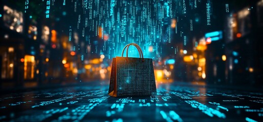 Wall Mural - a shopping bag stands on a futuristic city street with digital rain falling down.