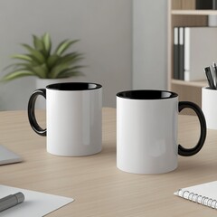 Product shot of two plain white mugs on a desk. The lining of the mug is black, the mug handle is white. The subject of the image is the mug. generative ai