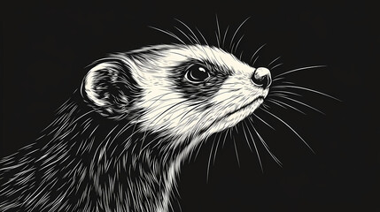 Wall Mural - Beautiful wallpaper with a ferret design, ideal rodent poster or graphic resource for creative project, ai generative. Monochrome. Illustration