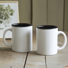 Product shot of two plain white mugs on a desk. The lining of the mug is black, the mug handle is white. The subject of the image is the mug. generative ai