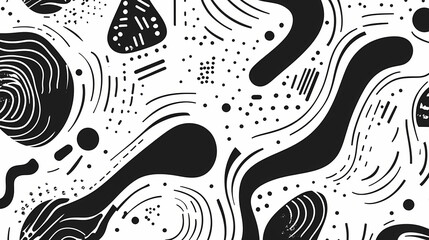 Wall Mural - black and white line doodle seamless pattern. creative minimalist style art background, trendy desig