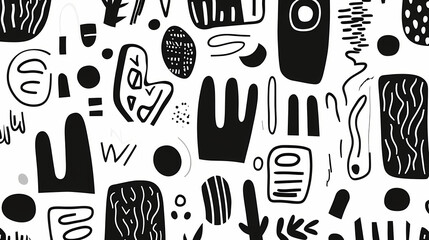 Wall Mural - black and white line doodle seamless pattern. creative minimalist style art background, trendy desig