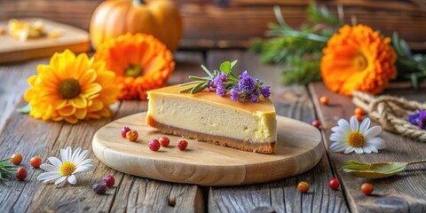 A slice of creamy cheesecake adorned with purple wildflowers rests on a rustic wooden board, surrounded by fall-inspired flowers and berries.