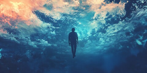 Wall Mural - silhouette of man floating above clouds in a dreamlike sky
