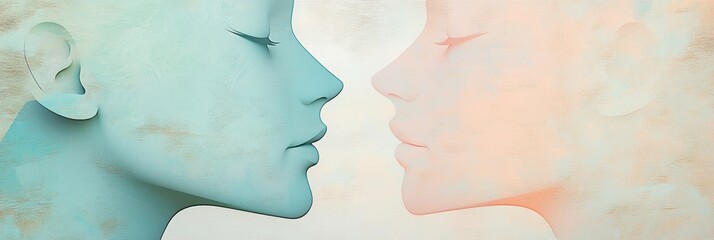 Fototapete - Soft pastel silhouettes of two faces highlight the themes of communication and empathy, showcasing connection and understanding. Generative AI
