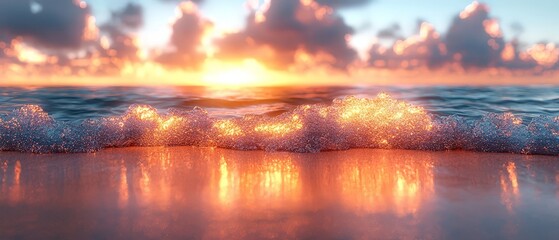 Wall Mural - A serene sunset over gentle ocean waves reflecting warm colors.