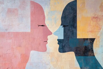 Leinwandbilder - Abstract silhouettes of two faces in soft pastel shades represent the themes of communication and empathy, showcasing human connection. Generative AI
