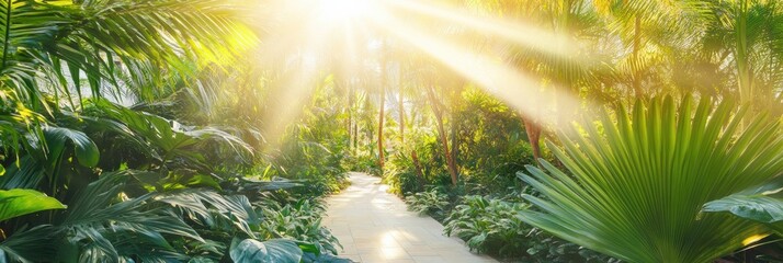 Aufkleber - Sunlight filters through lush foliage, illuminating a serene tropical forest trail surrounded by vibrant greenery. Generative AI