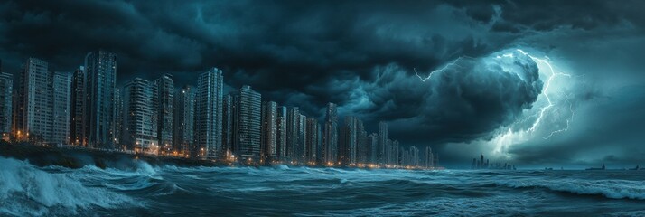 Poster - Dark storm clouds loom over the coastal city, threatening rain and fierce winds as large waves crash against the shore. Generative AI