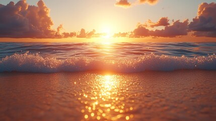Wall Mural - A serene sunset over gentle ocean waves, reflecting warm colors on the water's surface.