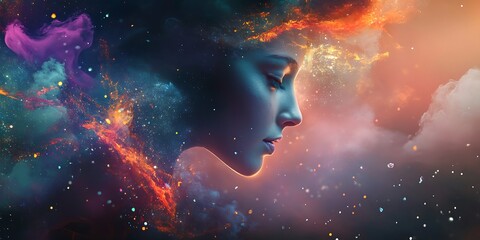 Wall Mural - abstract woman portrait in colorful nebula galaxy with stars and glowing light, digital art illustra