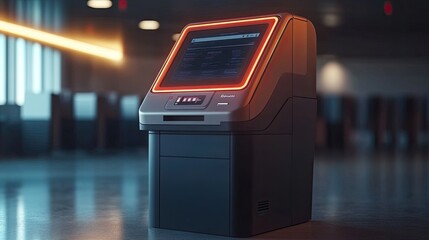 Modern ATM machine with glowing orange screen in a futuristic setting.