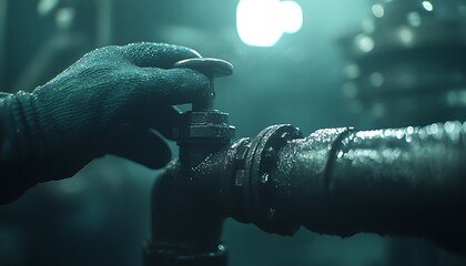Aufkleber - A hand in gloves adjusts a valve on a pipe in a dimly lit environment, showcasing the importance of maintenance in industrial settings.