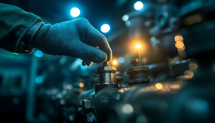 Poster - A person in gloves adjusts a valve amid a backdrop of glowing machinery, highlighting industrial control and precision in a dimly lit environment.