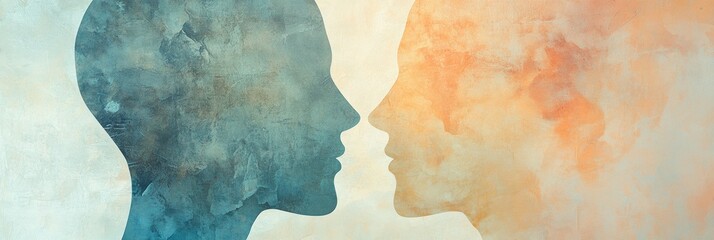 Leinwandbilder - Two abstract silhouettes in soft pastel colors illustrate the themes of communication and empathy, connecting through their profiles. Generative AI