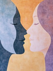 Leinwandbilder - The artwork features two abstract faces in pastel colors, symbolizing the themes of empathy and communication in a harmonious blend. Generative AI