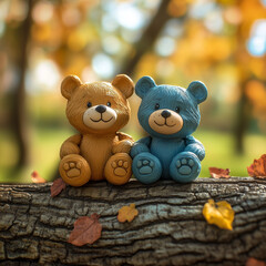 Wall Mural - Two Teddy bears sitting on a tree stump together