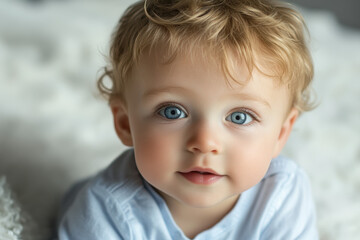 Close-up of a Caucasian baby with bright blue eyes and curly blonde hair, lying on a soft white blanket with a curious and innocent expression.