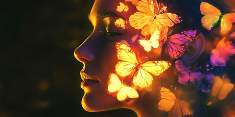 Wall Mural - Woman's face with glowing butterflies, Abstract art concept of beauty, freedom, and transformation