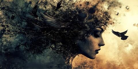 Wall Mural - Abstract woman face art with birds and tree branches digital painting. Surreal digital artwork of a woman's face morphing into a tree with birds flying away. Symbolic of growth, freedom, and nature