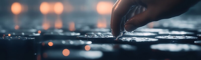 Aufkleber - A hand delicately interacts with water droplets on a reflective surface, creating a serene atmosphere with soft candlelight in the background.