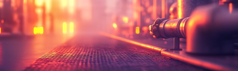Fototapete - A vibrant, industrial scene depicting pipes and a textured surface, illuminated with warm, glowing lights and a misty ambiance.