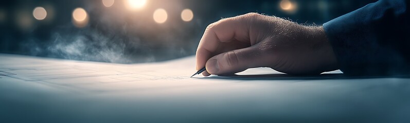 Aufkleber - A hand holds a pen poised over a blank sheet, surrounded by soft, out-of-focus lights, evoking creativity and inspiration.