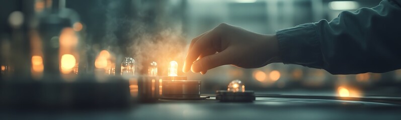 Fototapete - A person lights a candle, illuminating a dimly lit space filled with various glass containers, creating a warm and tranquil atmosphere.
