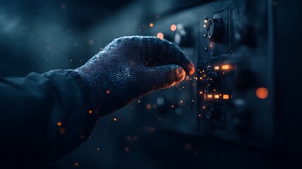 Aufkleber - A close-up of a gloved hand adjusting a control panel, emitting sparks and glowing lights, creating a dramatic, high-tech atmosphere.
