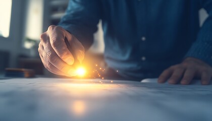 Poster - A hand creates sparks while working on plans, showcasing craftsmanship and the intricate process of design or construction.