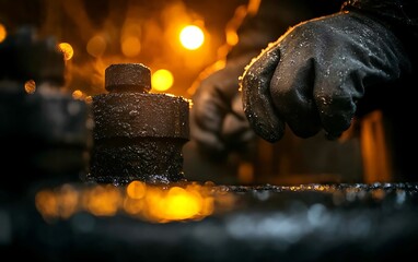 Fototapete - A close-up of gloved hands working with metal pieces, illuminated by warm, ambient light, showcasing the craftsmanship and detail in a workshop setting.