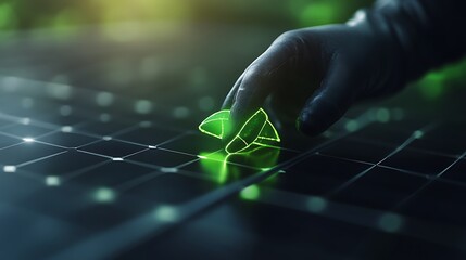 Poster - A hand touches a glowing green recycling symbol on a digital touchscreen, representing sustainability and technology.