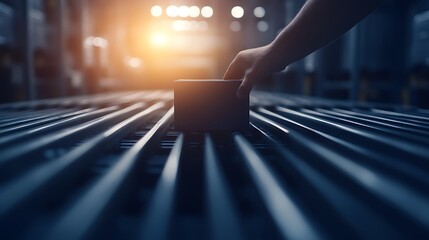 Leinwandbilder - A hand places a small box on a conveyor belt, illuminated by warm light, suggesting a bustling warehouse or delivery environment.