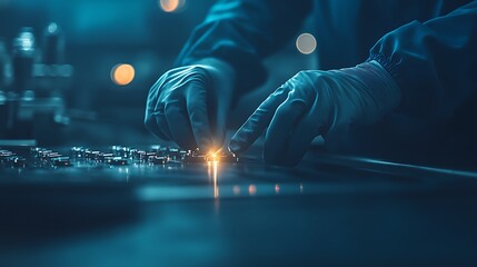 Poster - A focused worker uses precision tools in a dimly lit environment, highlighting craftsmanship and innovation with sparks flying.