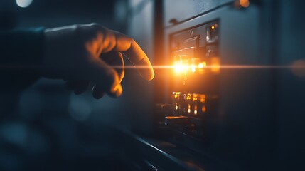 Aufkleber - A hand adjusting a control panel, with glowing lights, emphasizing technology and interaction in a dimly lit environment.