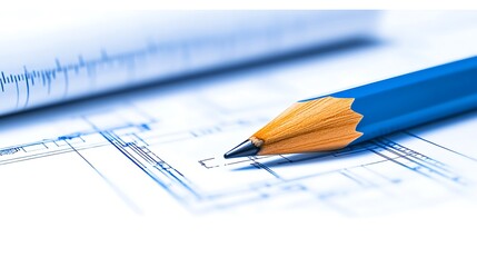 Fototapete - A close-up image of a blue pencil resting on architectural blueprints, emphasizing precision and design.