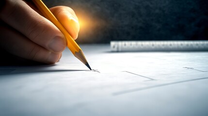 Fototapete - A hand holding a pencil sketches on paper, illuminated by a soft glow, showcasing creativity and precision in drawing or drafting.