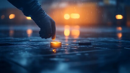 Fototapete - A hand delicately places a glowing candle on a damp surface, illuminated by soft, warm light in a serene, atmospheric setting.