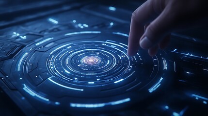 Poster - A close-up of a hand interacting with a glowing, futuristic interface, depicting a dynamic circular pattern with bright lights.
