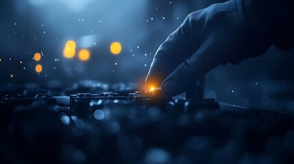 Leinwandbilder - A close-up of a hand adjusting a control in a dimly lit setting, with glowing elements suggesting technology or machinery.