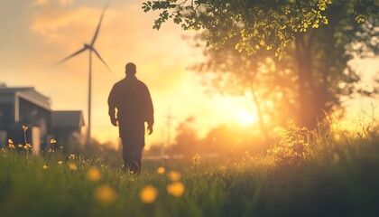 Aufkleber - A silhouette of a person walking towards a sunset, surrounded by nature and a wind turbine, bathed in warm, golden light.