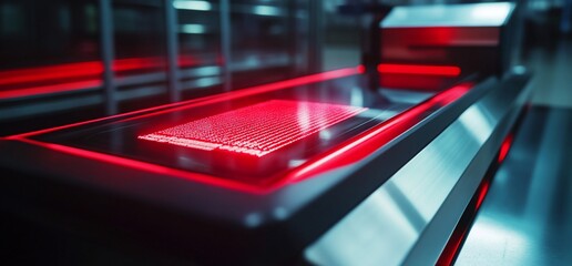 Fototapete - Close up of a red light illuminated conveyor belt with a grid pattern on top.