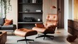 © Resad - An Ottoman Danish-designed armchair in a cozy, contemporary, 60s-style living room with a wall shelf and a typewriter in the background, with an orange lamp on the hardwood floor.