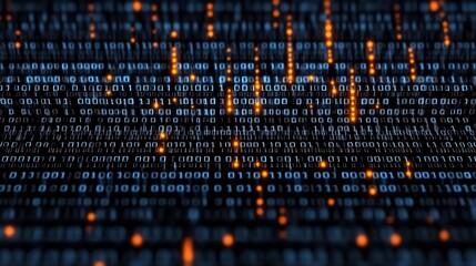 digital binary matrix with illuminated orange data nodes on dark blue background, for technology electronics or AI themed project design backdrop