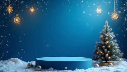 Wall Mural - Blue luxury podium with gold Christmas decorations