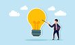 © B Design - businessman holding a stick and pointing at a light, illustration of educating the importance of innovation in business for growth and development