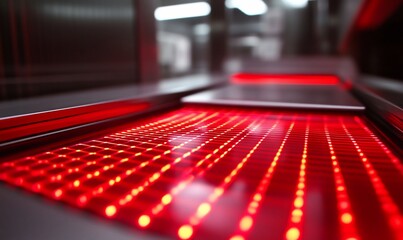 Fototapete - Close-up of a red light grid on a conveyor belt in a factory.