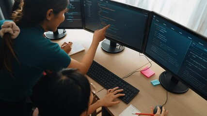 Back end software developer engineer for computer programming working together on debugging writing computing code, solving complex algorithms display on monitor in office. Burgeoning